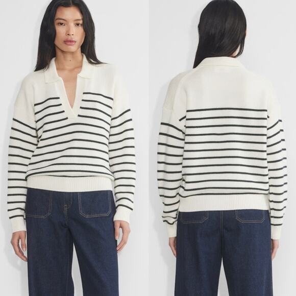NWT Wilfred Clara Merino Wool Striped V-Neck Sweater In Lt Birch/ Admiral Size S - Picture 1 of 15
